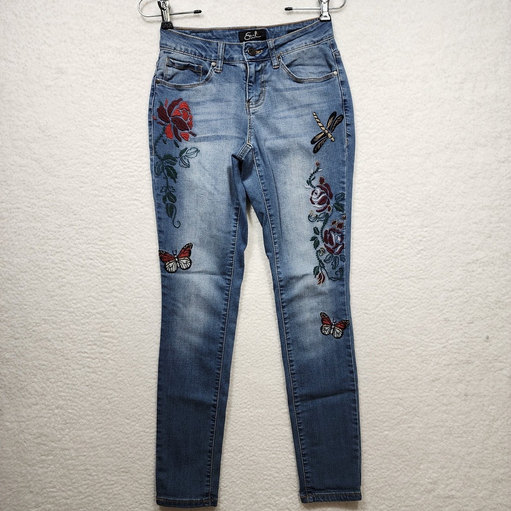 Earl Jeans Womens 0 Embroidered Floral Butterfly Skinny Denim
